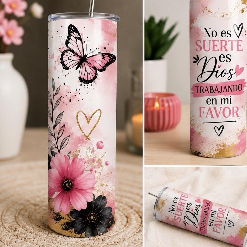 Termo Skinny 20 oz “No es Suerte, es Dios Trabajando en Mi Favor” – Mariposas y Flores Rosa