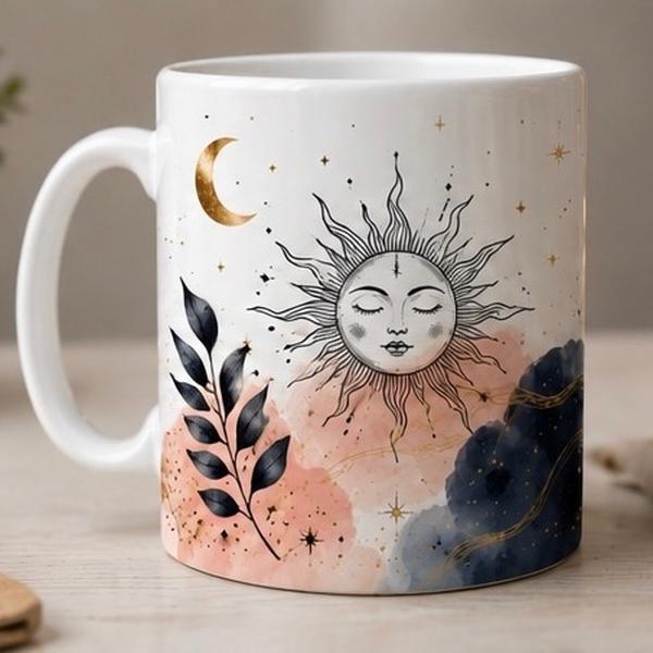 Boho Sun and Moon Ceramic Mug - 11 oz Reusable Cup for Drinks, Celestial Inspirational Design Kitchen Drinkware