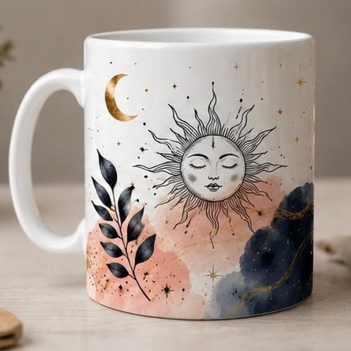 Boho Sun and Moon Ceramic Mug - 11 oz Reusable Cup for Drinks, Celestial Inspirational Design Kitchen Drinkware